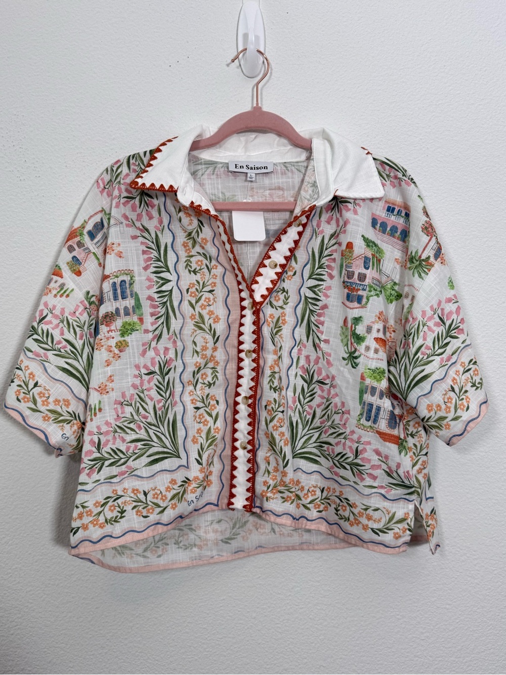 En Saison Alaia Linen Blend Top Mediterranean Coastal Cottagecore Scenic Print L